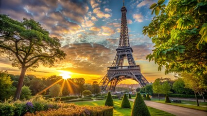 Obraz premium Romantic Parisian atmosphere surrounds iconic iron lattice structure at sunset with warm golden light and lush greenery.