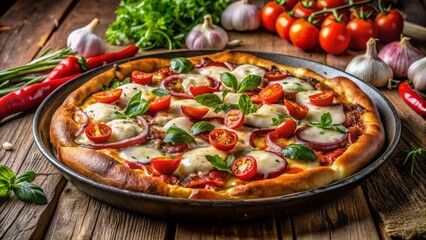 A savory, golden-crust pan pizza loaded with melted mozzarella, fresh vegetables, and meats rests on a rustic wooden table against darkness.