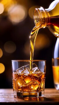 Whiskey pours into glass with ice for cooling on bokeh background, vertical format