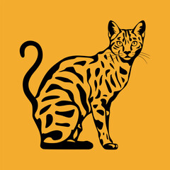 Bengal cat silhouette sitting gracefully on yellow background