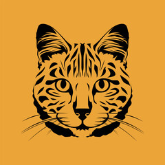 Serval cat face front view silhouette drawing on gold background