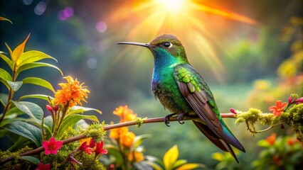 Fototapeta premium Vibrant, iridescent hummingbird perches on lush green branch amidst exotic flowers, surrounded by warm sunlight and misty atmosphere in rainforest.