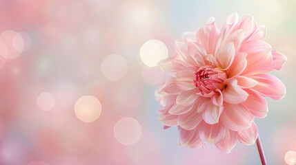 Fototapeta premium Soft romance dahlia flower in a sweet pastel-toned background, perfect for Valentine's Day and wedding card designs. This gentle palette enhances the romantic theme with its delicate hues.