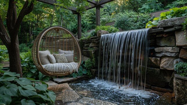 outdoor relaxation space, a tranquil outdoor spot with a swing chair suspended from a strong tree branch, facing a cascading waterfall in the garden, providing a serene space for contemplation