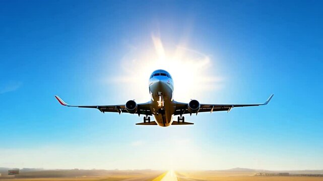 takeoff from a runway at an airport under the sun,