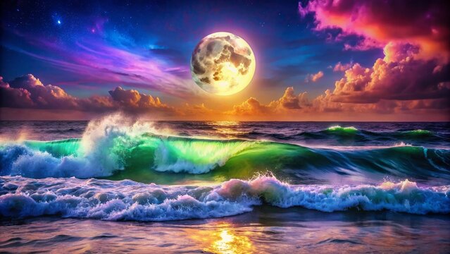 Vibrant neon waves crash against a mystical shore under a radiant full moon casting an ethereal glow on dark waters.