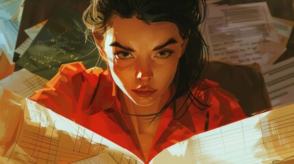 Serious businesswoman analyzing complex spreadsheet with furrowed brows and focused gaze