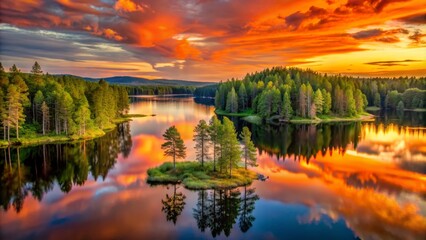 Vibrant orange hues dance across serene lake waters, surrounded by lush green forests in Finland's majestic national park at dusk.