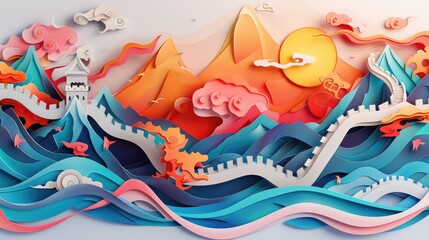 Obraz premium Vibrant Paper Layer Art of Great Wall of China Meandering Through Mountain Landscape, Generative Ai
