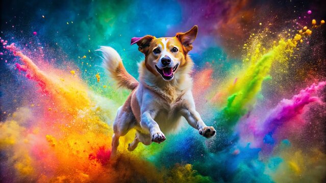 Vibrant, playful canine leaps through kaleidoscope of colorful powdery particles, capturing pure joy and unbridled energy in mid-air suspension.