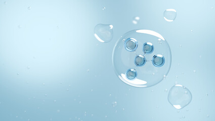 hyaluronic molecules contained by bubble on blue background. 3D rendering.