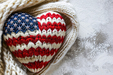 Fototapeta premium Knitted heart in the design of the American flag resting on a cozy white knitted blanket