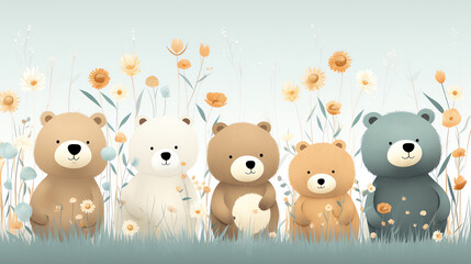 Naklejka premium Five adorable cartoon bears standing in a field of flowers.