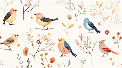 Watercolor painting of colorful birds on branches with flowers