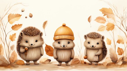 Obraz premium Three cute hedgehogs standing in autumn leaves.