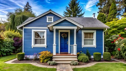 Exterior of small American house with blue paint