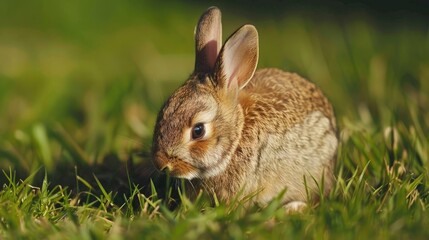 Fototapeta premium Young wild rabbit grooming on grass in North Yorkshire UK