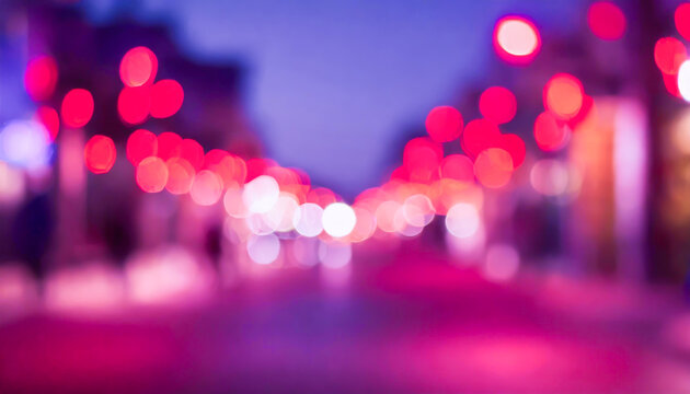 defocused purple bokeh red light street night blurry glittering urban lights background banner
