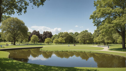 Fototapeta premium The image shows a grassy park with a small pond, several large trees and a paved path. The sky is blue and sunny.
