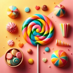 Obraz premium Sweet Spiral: A rainbow lollipop twirls with vibrant colors - pure sugary fun. generative AI