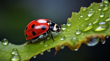 Obraz premium A ladybug perched on a green leaf with dew drops.