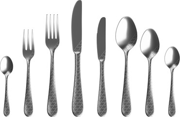 cutlery set, fork, knife, spoon, chrome triangle design