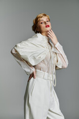 A young woman in a white, lace-trimmed blouse and matching pants poses against a gray backdrop.