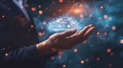 Digital cloud ERP system in businessman's hand, connecting data for HR management