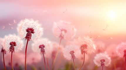 Dandelion seeds blowing in the wind at sunset.