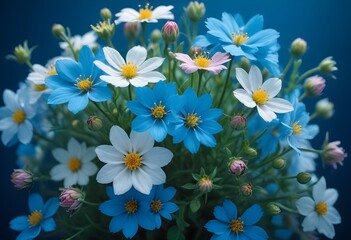 Blue and white flower bouquet on a blue background