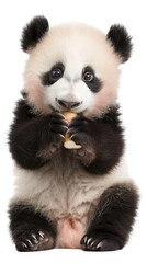 A baby panda is holding a piece of food in its mouth