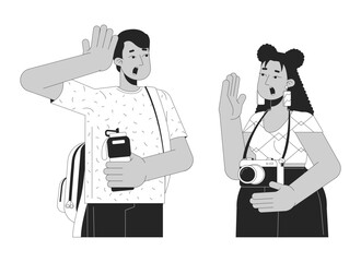 Excited mixed race couple traveling sightseeing black and white 2D line cartoon characters. Diverse tourists together isolated vector outline people. Excitement monochromatic flat spot illustration