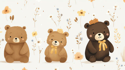 Naklejka premium Cute seamless pattern with three brown teddy bears in a field of flowers