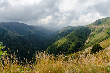 high mountains with green trees and clouds