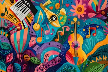 Obraz premium A colorful mural of a music-themed scene with instruments, notes, and vibrant patterns.