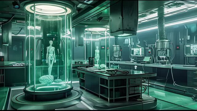 Male bodies in pods in futuristic laboratory, showing musculature