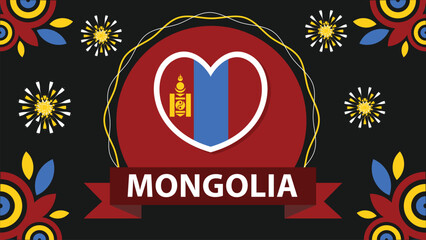 Mongolia National day vector banner design illustration with flag colors, geometric shapes and typography. fireworks and ribbon elements.