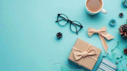 Gift Box and Accessories on Blue Background