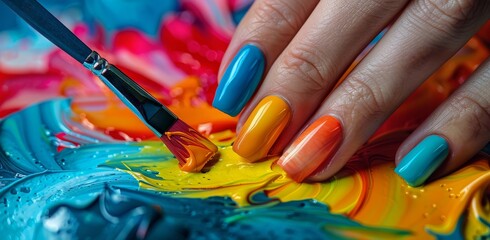 Obraz premium Close Up Of A Hand With Colorful Nail Polish Painting With A Brush
