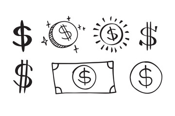 Dollar doodle sign symbol set. Hand drawn Dollar icon. money brushstrokes punctuation