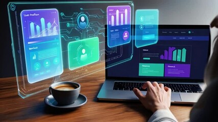 Person working on laptop with graphics, data visualizations on screen and floating nearby. Advanced interface suggests augmented reality or futuristic data analysis, immersive technology.