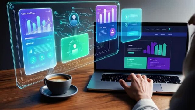 Person working on laptop with graphics, data visualizations on screen and floating nearby. Advanced interface suggests augmented reality or futuristic data analysis, immersive technology.
