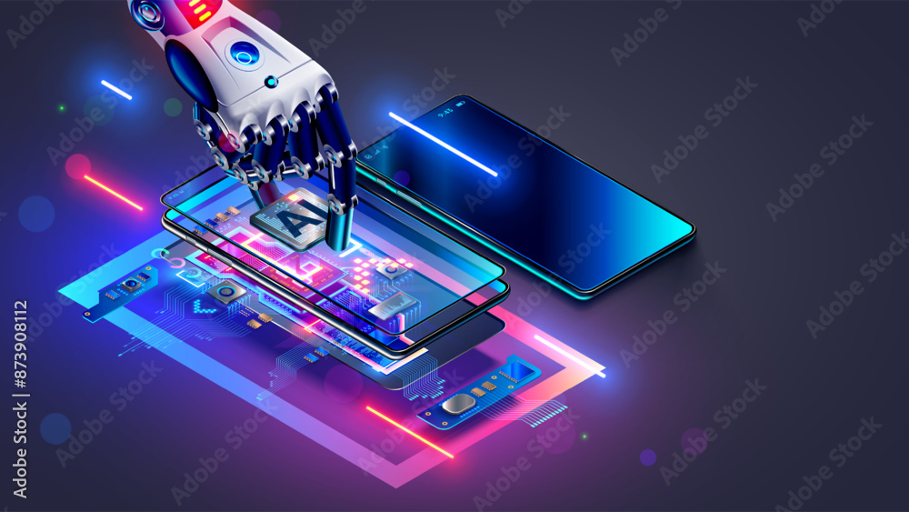 Aufkleber Phone with AI or artificial intelligence. Robot assembly phone on factory. CPU or chip with AI in smartphone. AI processor in electronics industry technology. Assembly phone with AI chip. Phone repair