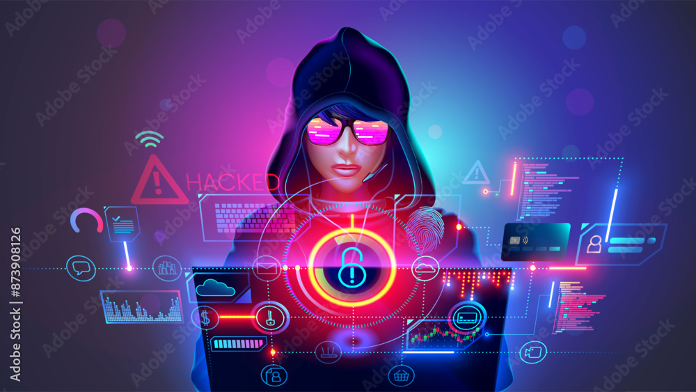 Poster Hacker in hood with laptop in dark room. virtual lock icon over screen laptop of young hacker. Hacker in reflection glasses look at screen laptop, hacking banking account and card. Hacker teenagers.