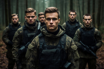 Fototapeta premium Modern soldiers fully equipped and facing the camera in military formation generative ai