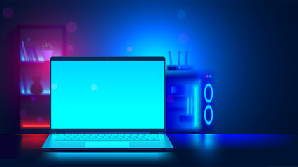 Gaming laptop mockup with blank screen in dark room. Vector open laptop front view. Gaming laptop on desk. Blue light screen of gaming laptop reflection on desk in computer notebook games workplace. © AndSus