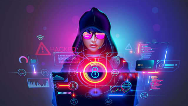 Hacker in hood with laptop in dark room. virtual lock icon over screen laptop of young hacker. Hacker in reflection glasses look at screen laptop, hacking banking account and card. Hacker teenagers.