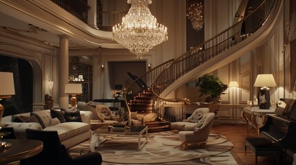 Luxurious living area featuring a grand staircase, a crystal chandelier, and stylish hanging lights, complemented by elegant and sophisticated decor.