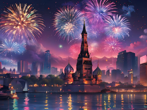 Celebrate the start of 2024 with a vibrant fireworks display over a bustling cityscape, as the clock strikes midnight and the new year begins.