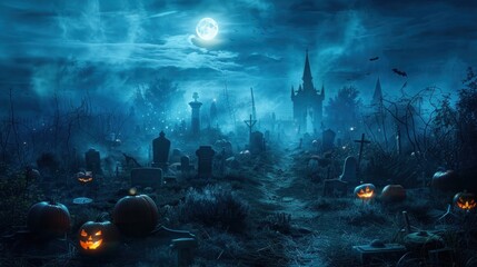 Spooky Halloween Graveyard at Night